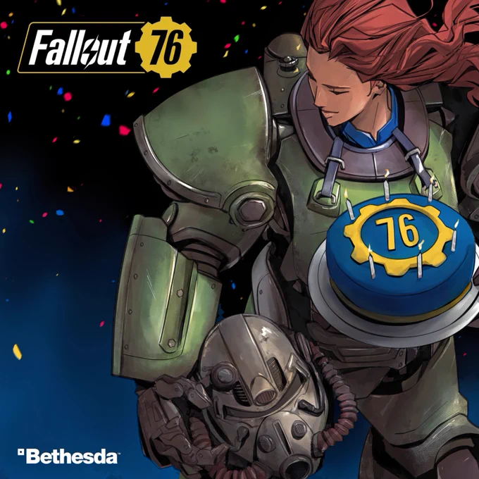 An image of a Vault Dweller with her T-51b power armor, a themed vault 76 birthday cake and confetti falling in the background. 