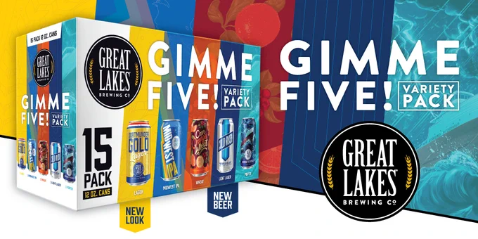 Gimme 5! Variety Pack by Great Lakes Brewing Company, including 3 of each: Dortmunder Gold Lager, Midwest IPA, Cran Orange Wheat, Cold Rush Premium Light Lager, and Edmund Fitzgerald Porter.