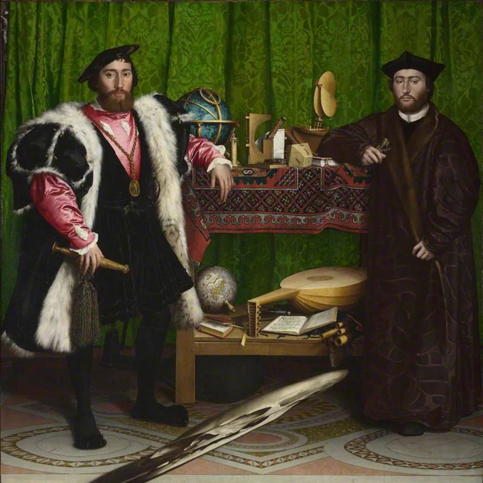 Painting: two men are finely dressed in costume from the Tudor period. Between them stands a table which is covered with globes, scientific equipment, books and musical instruments. A mysterious form looms at the bottom of the painting. When viewed from a particular angle, it reveals itself to be a skull. 
