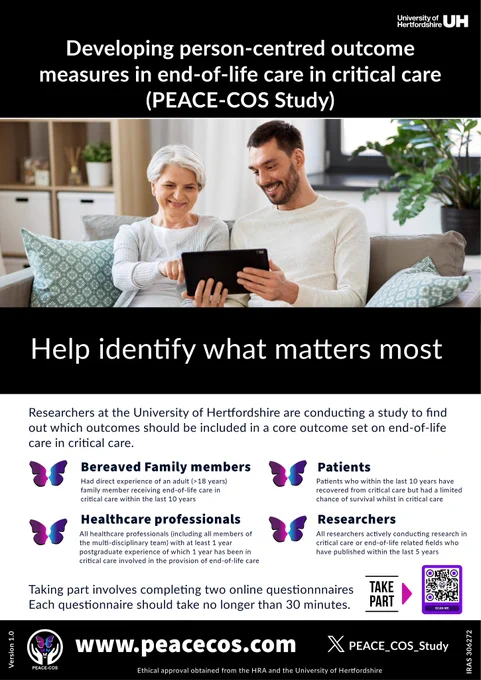 Researchers at the University of Hertfordshire are conducting a study to find out which outcomes should be included in a core outcome set on end-of-life care in critical care.
We are looking for bereaved family members, patients who were given a limited chance of survival whilst in critical care, healthcare professionals and staff.
Taking part involves completing two online questionnaires. Each questionnaire should take no longer than 30 mins. Scan the QR code or vist https://peacecos.com/
