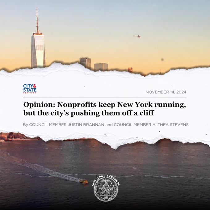 photo of nyc skyline. torn piece of paper displaying the City and State headline: "Opinion: Nonprofits keep New York running,
but the city's pushing them off a cliff"