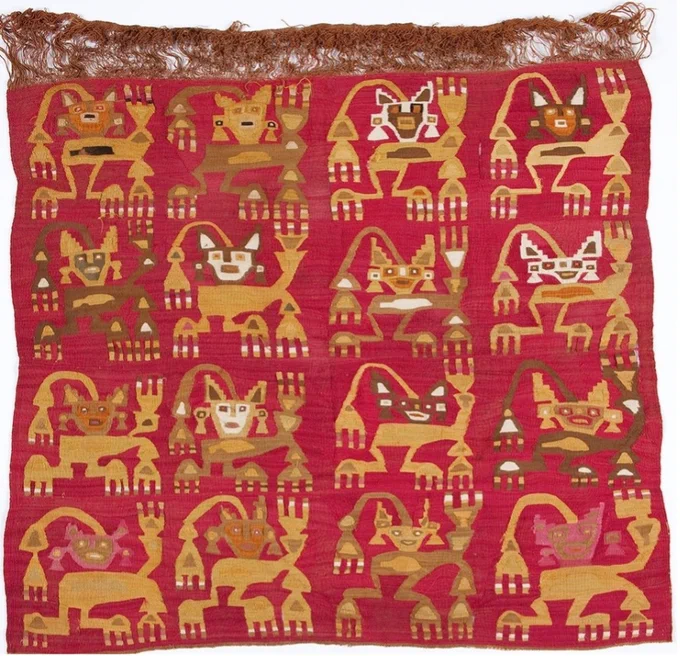 Tapestry panel, Chimu, Peru. Silt tapestry, camelid hair weft, cotton warp, four-selvaged cloth with unwoven warp. x65. 8730. Fowler Museum at UCLA. Gift of the Wellcome Trust.