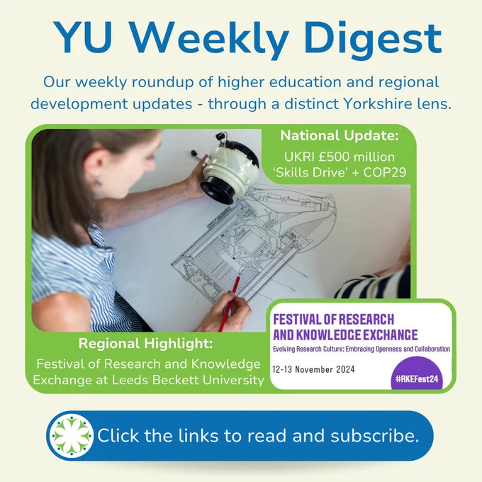 “YU Weekly Digest. Our weekly roundup of higher education and regional development updates – through a distinct Yorkshire lens. Check out the links to read and subscribe!” An image of a person drawing a technical sketch plus text "National Update: UKRI £500 million 'Skills Drive'   COP29". A purple and white banner with #RKEFest 24 label plus text “Regional Highlight: Festival of Research and Knowledge Exchange at Leeds Beckett University".