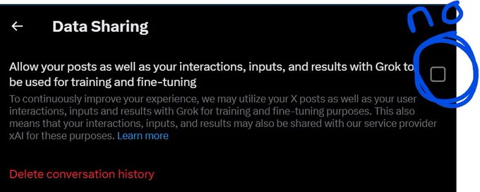 2nd slide: once you choose the "Grok" option in the previous drop-down menu, it has a check box for "Data Sharing" - Uncheck that box if you don't want Grok using your posts, interactions, inputs, and results to be used for AI training and scraping!