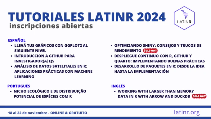 flyer con logo de la conferencia y titulo: tutoriales latinr 2024, incripciones abiertas, lista de talleres en español, ingles y portugues. 18 al 22 de noviembre online y gratuito, latinr.org