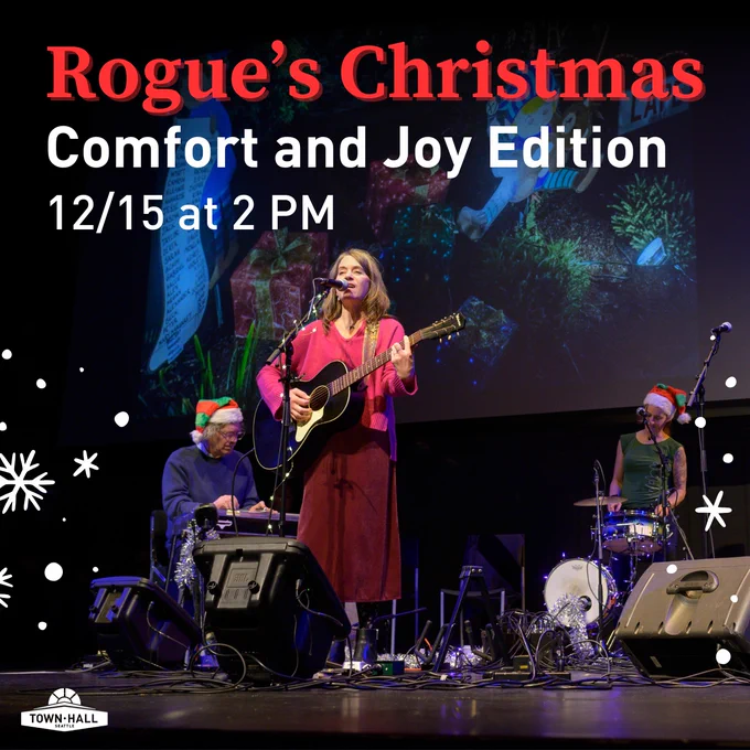 Promotional image for "Rogue's Christmas: Comfort and Joy Edition," featuring a musician singing and playing guitar on stage, accompanied by other band members, scheduled for December 15 at 2 PM. The stage projects a festive image in the back and the event information is overlayed at the top.