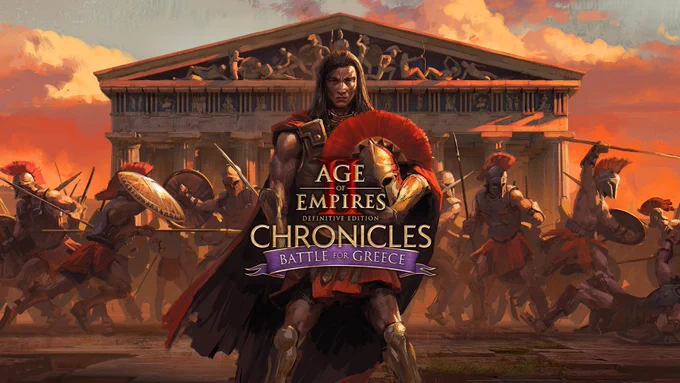 Artwork for Age of Empires II: Definitive Edition - Chronicles Battle for Greece, featuring Lysander, a warrior in ancient armor holding a Spartan helm in the foreground, with the Parthenon in the background and multiple warriors engaged in battle under a fiery sky. The official logos for Age of Empires II: Definitive Edition and Chronicles: Battle for Greece are at the center of the image. 