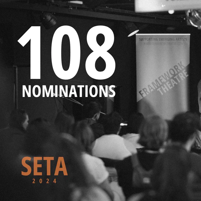 Black and white grainy image from Framework Festival 2024, with text “108 nominations” and “SETA 2024”.