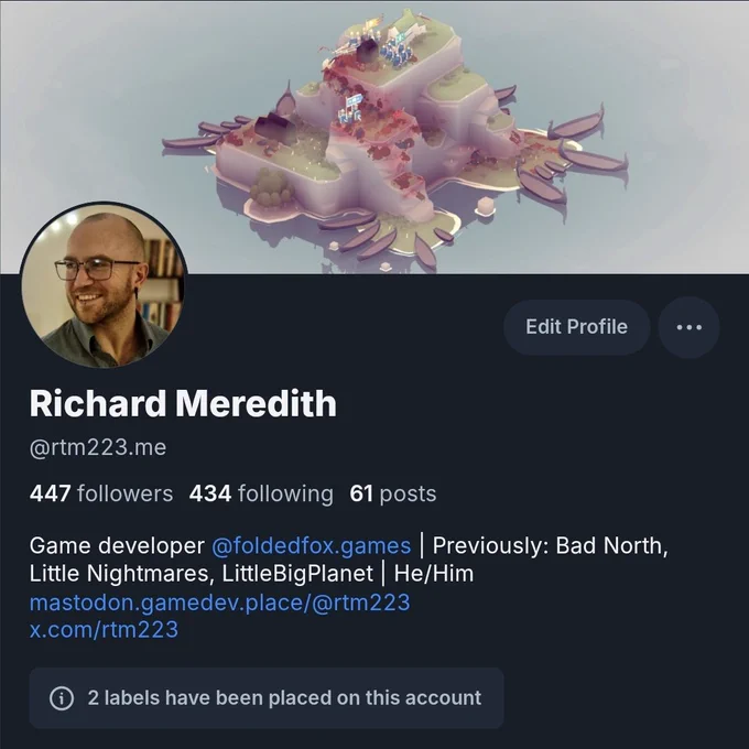 Image of my bluesky profile, handle @rtm223.me