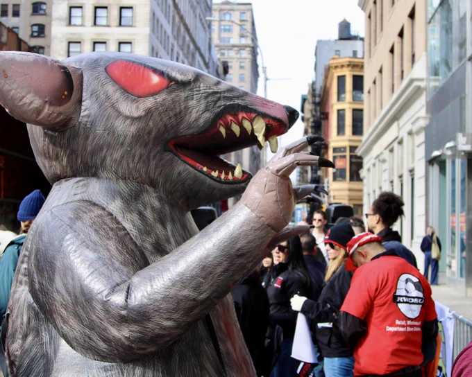 a blown up rat sits outside the Barnes & Noble during a rally