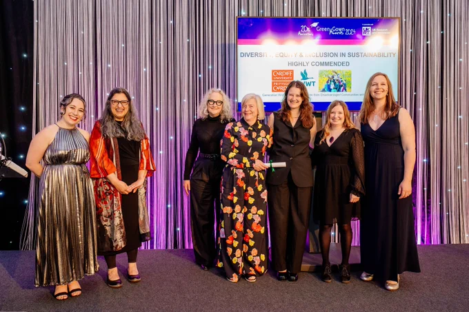 Staff from the School of Psychology and the Wildfowl and Wetlands Trust are presented with their certificate for being Highly Commended in the Diversity, Equity and Inclusion in Sustainability category.