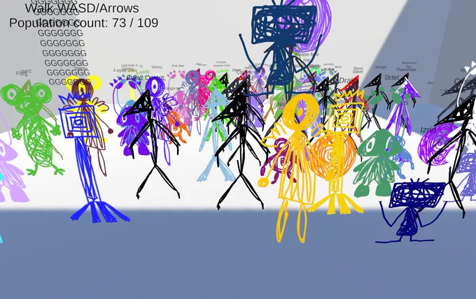 A screenshot from A Minor Collection of the Internet showing a crowd of 2D stick figure avatars with ecletic designs and colour