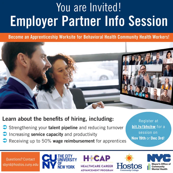 Graphic of two people on a Zoom call on a shared computer. The text reads: You are invited! Employer Partner Info Session...Learn about the benefits of hiring, strengthening your talent pipeline and reducing turnover, increasing service capacity and productivity, and receiving up to 50% wage reimbursement for apprentices. Register for a session on Nov 19th or Dece 3rd 
