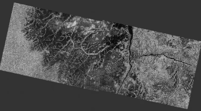 Mosaic of two Sentinel-1 products in separate paths. Credit: Copernicus Sentinel data 2018, processed by ESA. Image taken from the "Generate a Mosaic of Two Sentinel-1 Products in Adjacent Paths" data recipe. 