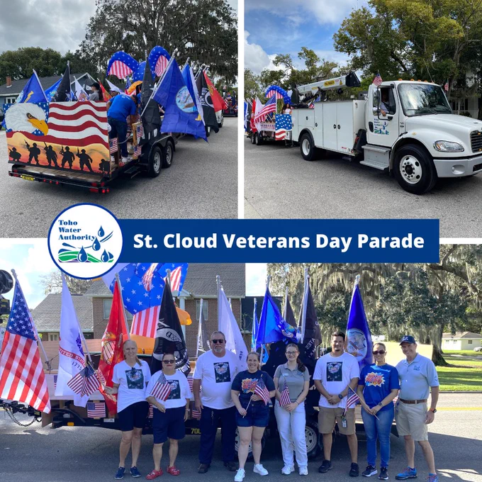 Three photos from the Veterans Day Parade in St. Cloud. First two photos show USA-themed parade float, third photo shows volunteers and Toho veterans who participated in the parade holding small flags.