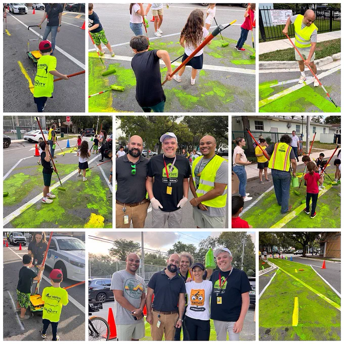 Collage of 9 pictures of Miami-Dade TPO staff with the University of Miami’s WalkSafe/BikeSafe Program and Miami-Dade County DTPW’s Vision Zero staff riding bikes with students and parents along a designated route in Coconut Grove. 