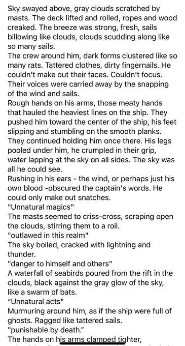 Sky swayed above, gray clouds scratched by masts. The deck lifted and rolled, ropes and wood creaked. The breeze was strong, fresh, sails billowing like clouds, clouds scudding along like so many sails.
The crew around him, dark forms clustered like so many rats. Tattered clothes, dirty fingernails. He couldn’t make out their faces. Couldn't focus. Their voices were carried away by the snapping of the wind and sails.
Rough hands on his arms, those meaty hands that hauled the heaviest lines on the ship. They pushed him toward the center of the ship, his feet slipping and stumbling on the smooth planks.
They continued holding him once there. His legs pooled under him, he crumpled in their grip, water lapping at the sky on all sides. The sky was all he could see.
Rushing in his ears - the wind, or perhaps just his own blood -obscured the captain's words. He could only make out snatches.
"Unnatural magics"
The masts seemed to criss-cross, scraping open the clouds, stirring them to a roil.