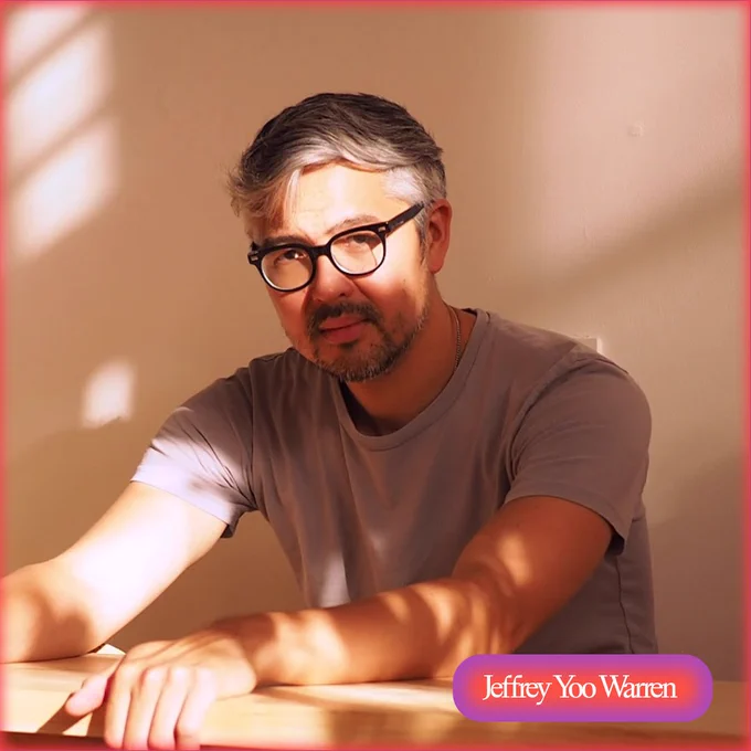 Jeff, a mixed Korean American person with mixed grey hair and stubble, smiling to the left, wearing a deep purple gridded shirt and white floral tie, and black thick-rimmed glasses in a softly lit room.