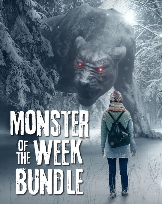 Picture of a giant panther-like creature with glowing eyes, menacing a young woman in winter clothing. It's totally winter as there's heaps of snow on the ground and pine trees. Very cold. Brrrr.