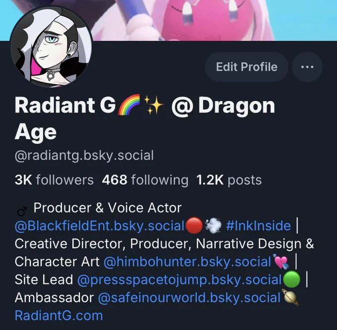 Radiant G @ Dragon Age
@radiantg.bsky.social
3K followers 468 following 1.2K posts

Producer & Voice Actor @BlackfieldEnt.bsky.social
#InkInside
Creative Director, Producer, Narrative Design & Character Art @himbohunter.bsky.social 
Site Lead @pressspacetojump.bsky.socia
Ambassador @safeinourworld.bsky.social
RadiantG.com