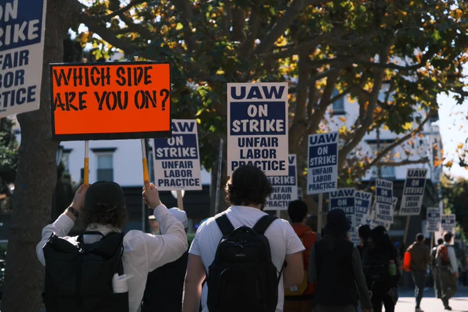 People walking with picket signs down a road