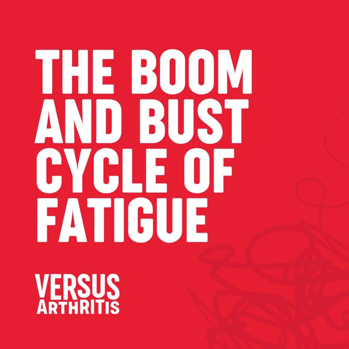 A red image with white text that says "the boom and bust cycle of fatigue." The white Versus Arthritis logo sits at the bottom left corner.