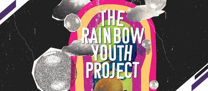 An image of collage-inspired art featuring cut-out clouds, planets and a rainbow with the copy "The Rainbow Youth Project."