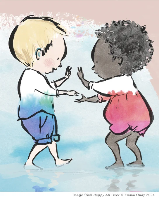 Illustration from the picture book HAPPY ALL OVER by Emma Quay. The illustration shows two children playing a clapping game. One child wears a hearing aid. www.emmaquay.com