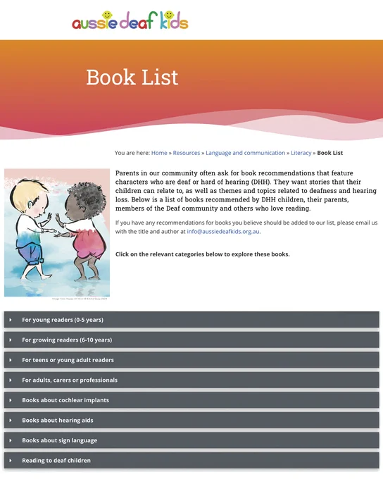 A page from the Aussie Deaf Kids website showing children’s books with themes, characters and topics related to deafness and hearing loss.