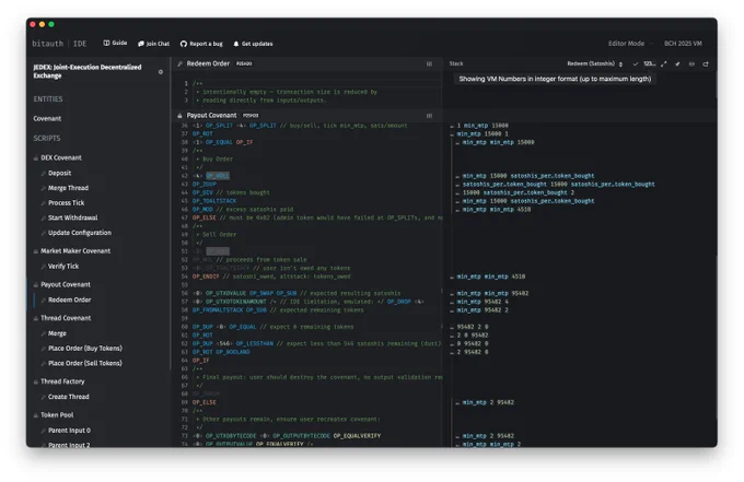 Jedex – Joint-Execution Decentralized Exchange loaded into Bitauth IDE's offline Progressive Web App (PWA) experience. The editor is visualizing the evaluation of the "Redeem Order" unlock of the "Payout Covenant" locking script.
