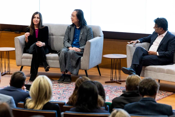 Zia Kahn moderated a discussion about global perspectives for improving the web with Audrey Tang and Joanna Shields. 