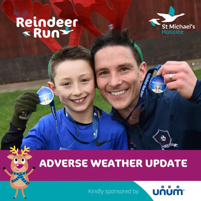 Image of boy and man smiling at the camera holding medals. Adverse Weather Update