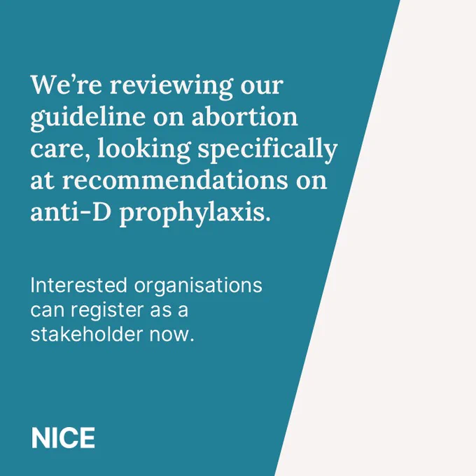 Graphic with the following text: We’re reviewing our guideline on abortion care, looking specifically at recommendations on anti-D prophylaxis. ​​Interested organisations can register as a stakeholder now.​