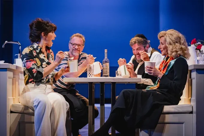 Caroline Catz, Joshua Malina, Simon Yadoo and Dorothea Myer-Bennett in What We Talk About When We Talk About Anne Frank - they sit around a table eating