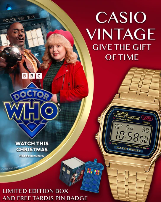 An image split in two - on the left is the Doctor and Joy from the upcoming Christmas special 'Joy to the World' standing in front of the TARDIS - the Doctor is pointing the sonic at the viewer. Below them is the Doctor Who logo and the wording 'Watch this christmas' and 'visit Doctorwho.tv' - on the right is the wording Casio Vintage - give the gift of time and an image of the casio A159