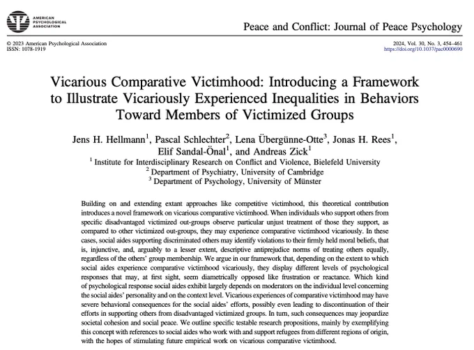 Hellmann, J. H., Schlechter, P., Übergünne-Otte, L., Rees, J. H., Sandal-Önal, E., & Zick, A. (2024). Vicarious comparative victimhood: Introducing a framework to illustrate vicariously experienced inequalities in behaviors toward members of victimized groups. Peace and Conflict: Journal of Peace Psychology, 30(3), 454–461. https://doi.org/10.1037/pac0000690