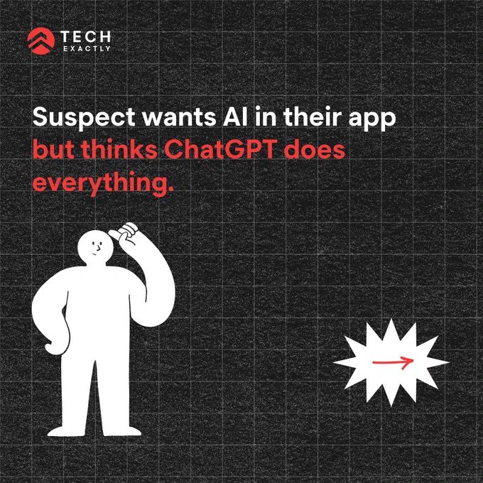 A person is depicted scratching their head, with the text 'Suspect wants AI in their app but thinks ChatGPT does everything' above them. An arrow points to the right.