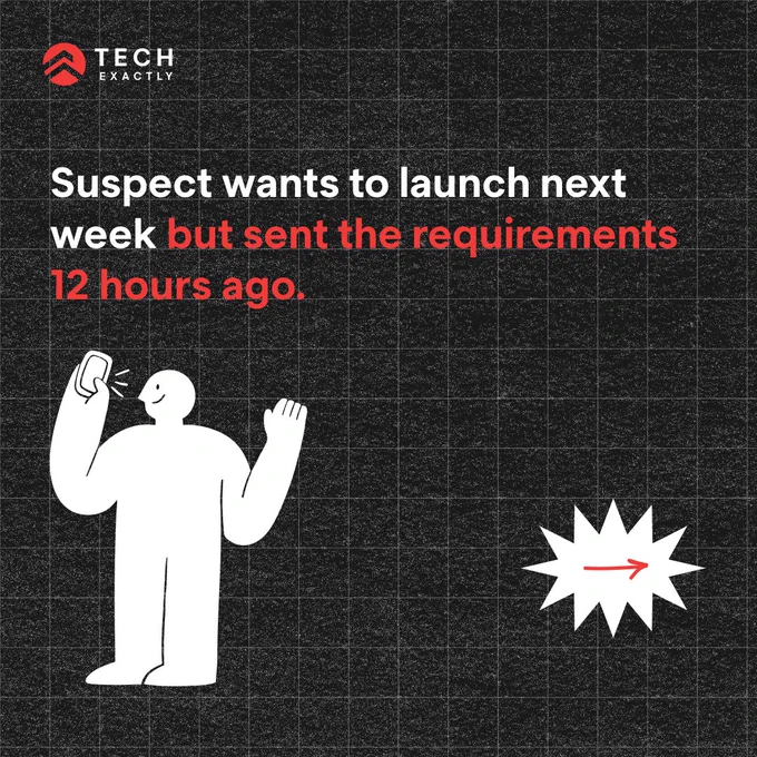 A person is depicted talking on a phone, with the text 'Suspect wants to launch next week but sent the requirements 12 hours ago' above them. An arrow points to the right.