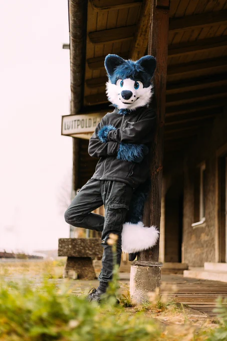 A blue and white fox fursuiter standing against a house pole with his arms crossed and looking down at the viewer. In the background you can see a house.