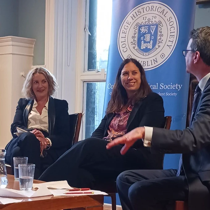 Photo of NAI Director Orlaith McBride, Archivist of the United States Dr Colleen Shogan and Professor Patrick Geoghegan in conversation at the College Historical Society, Trinity College Dublin