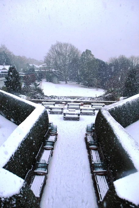 Exterior view of the Botanic Garden in heavy snowfall. 