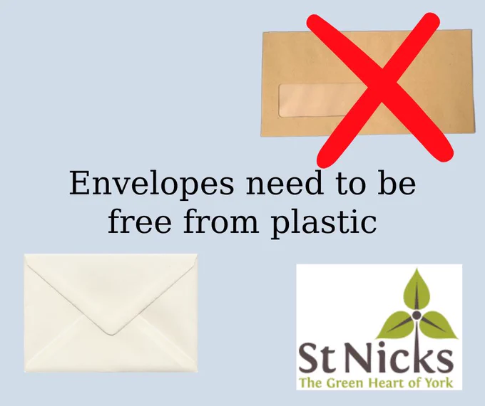 an infographic with a blue background and two pictures of envelopes, one has a window (a plastic screen so people can see their post inside the envelope) and a red cross through it
