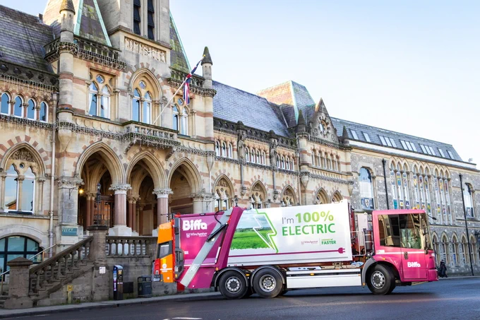 Image of the front of the Guildhall in Wincheser with the electric waste vehicle parked in front.