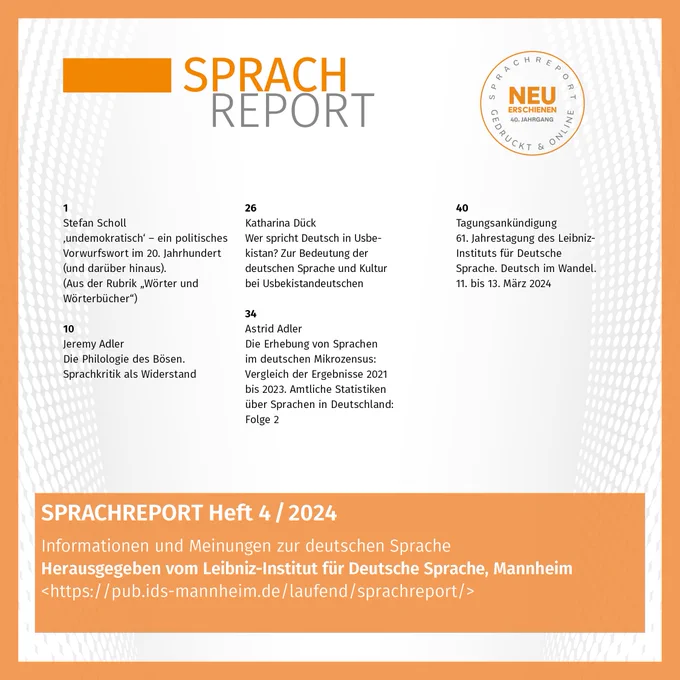 Cover der aktuellen Ausgabe des SPRACHREPORTS mit Auflistung der enthaltenen Beiträge.