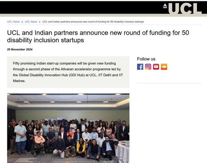 UCL news webpage-with title and image of accelerator cohort with guests (around 40 people smiling to camera)
