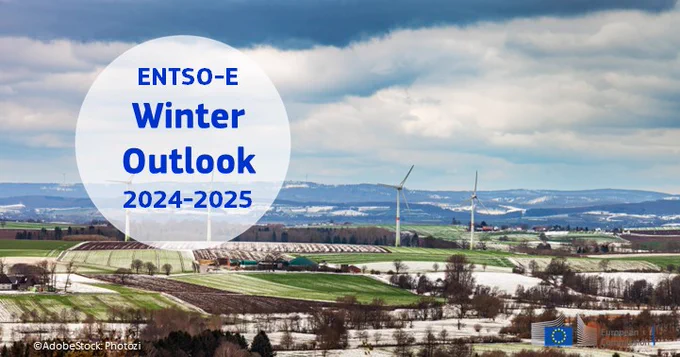 Winter landscape will little snow on open fields and 4 wind turbines. Text in a circle reads: ENTSO-E winter outlook 2024-2025. 