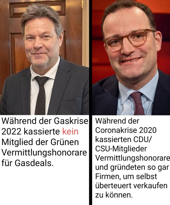 Während der Gaskrise 2022 kassierte kein Mitglied der Grünen Vermittlungshonorare für Gasdeals.

Während der Coronakrise 2020 kassierten CDU/ CSU-Mitglieder Vermittlungshonorare und gründeten so gar Firmen, um selbst überteuert verkaufen zu können.