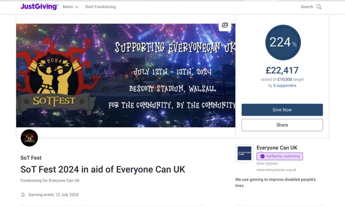 Image shows SoTFest just giving page with the total amount raised for 2024
