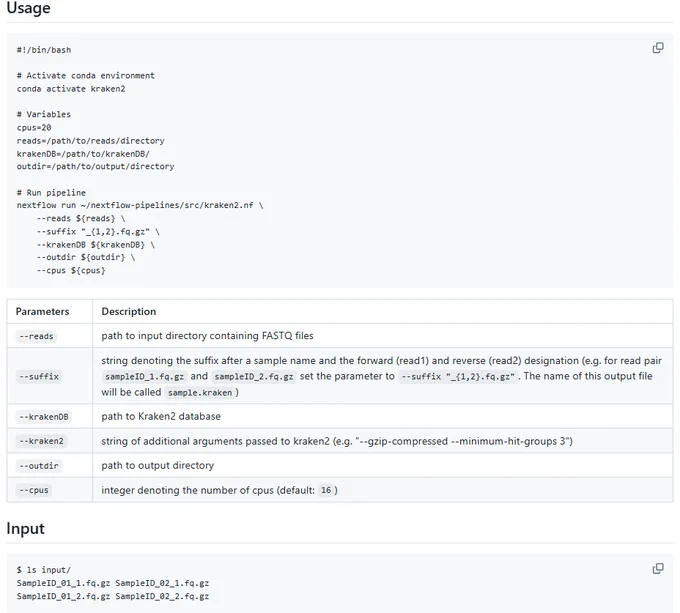 Screenshot of the Kraken2 pipeline documentation.