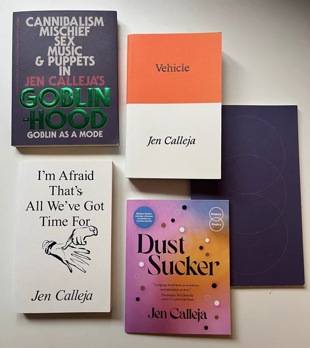 A selection of books viewed from@above on a white table including Goblinhood: Goblinhood as a Mode, I’m Afraid That’s All We’ve Got Time For, Vehicle and Dust Sucker